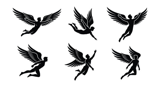 Silhouettes of winged human figures in dynamic poses vector illustration