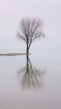 Solitary tree reflected in still water.