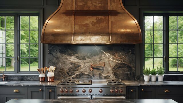 Copper range hood above a modern stove in a dark luxury kitchen