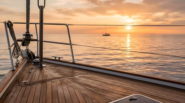 Sunset view from the wooden deck of a sailing boat on the calm ocean
