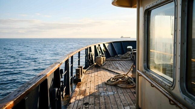 Sunrise illuminates boat deck on open sea with distant ship on horizon