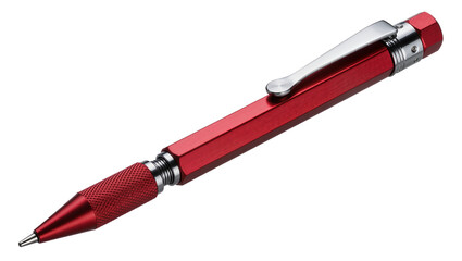 Shiny red hexagonal mechanical pencil with silver clip, isolated on transparent background © PNGera