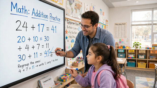 Friendly Hispanic teacher explaining math problem on interactive whiteboard to young girl