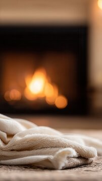Soft cream-colored fabrics draped on a wooden surface near a fireplace.