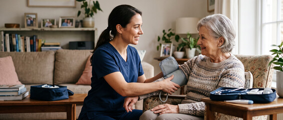 Obraz premium Home healthcare nurse checks older adult patient’s blood pressure during scheduled visit, supporting senior care, preventive monitoring, chronic care, patient safety and personalized nursing.