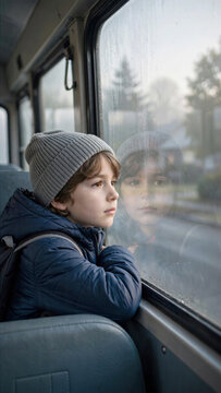 Young elementary boy gazing thoughtfully out of school bus window during morning ride