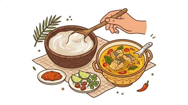 Papeda Papuan Sago Porridge with Yellow Fish Soup Flat Doodle Vector Illustration