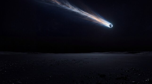 A bright celestial comet with a long glowing tail moves through the dark sky above a rocky barren surface with travels through night