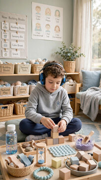Young boy with autism playing with sensory wooden blocks in specialized classroom