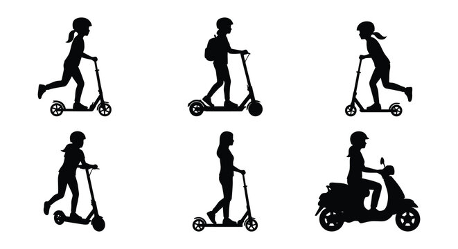Silhouettes of children riding scooters in various poses vector illustration