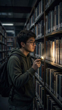 Student reading book spines with small flashlight late at night in university library aisle