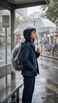 Urban student waiting under umbrella at rainy bus stop carrying waterproof backpack