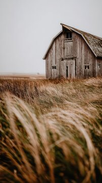 Rustic wooden barn in a field of swaying grass.
