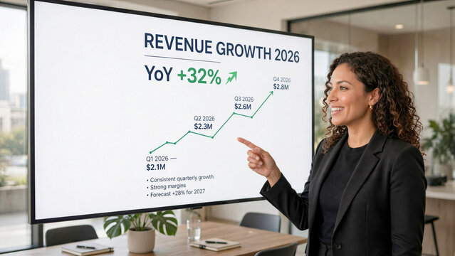 Confident Hispanic female CEO presenting corporate strategy on digital screen in modern bright boardroom office space