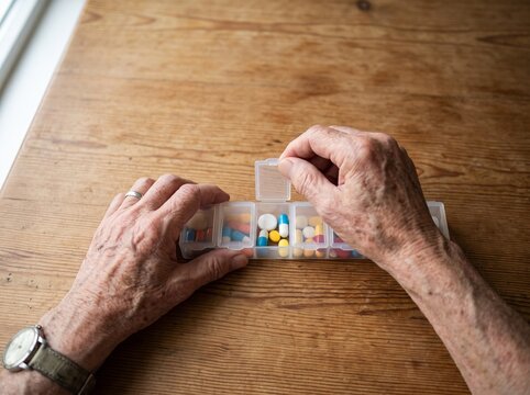 Elderly hands sorting daily medication pills into a pill organizer box.