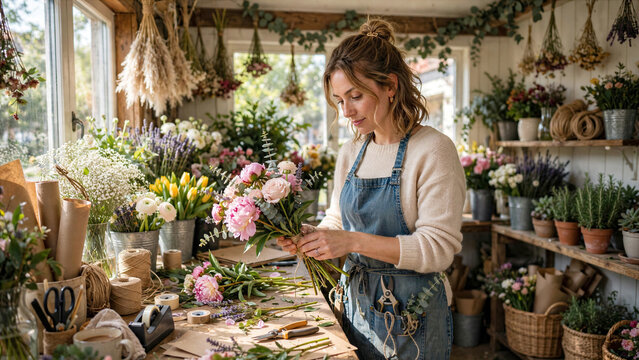 Female florist carefully arranging colorful fresh flower bouquets on wooden table in sunny local flower shop