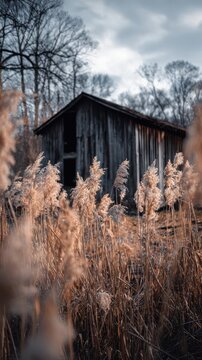 Rustic wooden structure in a field of tall grasses.