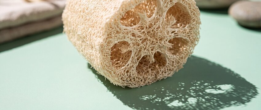 Natural loofah sponge slice on green background with soft shadow highlights sustainable exfoliation tool for plastic-free bathroom routine