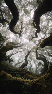 Intricate tree branches intertwine in a misty forest.