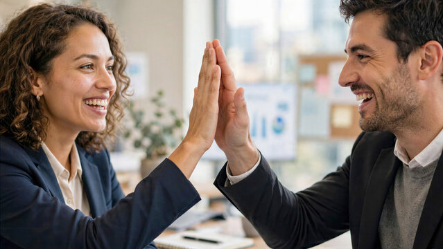 Close up of business colleagues giving high five over glass meeting table after successful deal approval