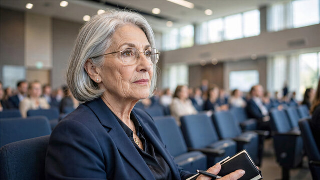 Senior female executive listening attentively during corporate conference presentation in large bright auditorium