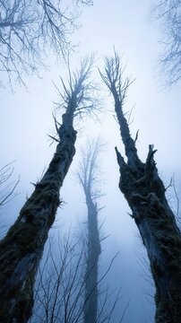 Tall trees in a misty forest.