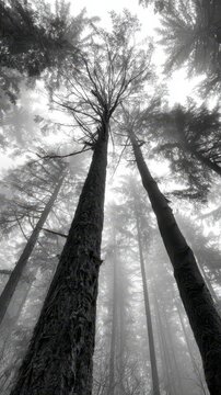 Misty forest canopy viewed from below.