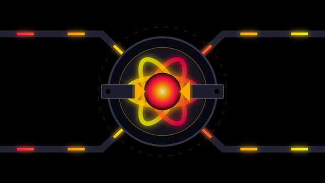 Abstract glowing atom or energy core with radiating conduits on a black background.