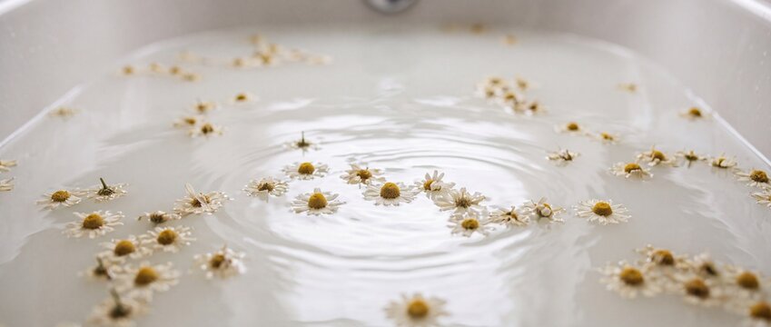 White chamomile flowers float on the surface of a milky white bath water with gentle ripples in a relaxing ceramic tub during spa time