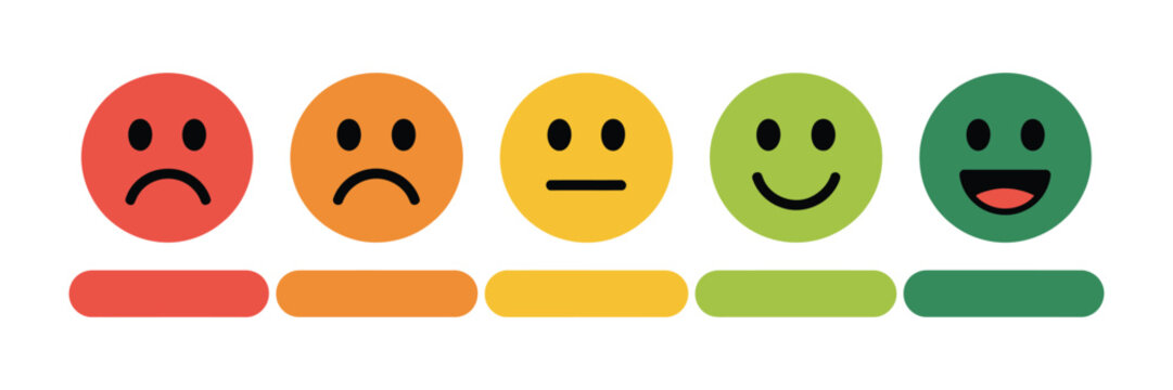 Emoji emotion scale with sad, neutral, satisfied, and happy faces, feedback, customer satisfaction, rating, survey, evaluation, reaction, and user experience.