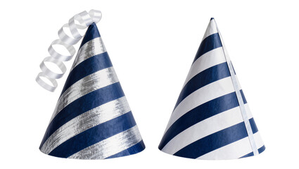 Fototapeta premium Two striped party hats with silver ribbon, isolated on transparent background