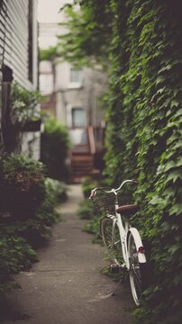 A white bicycle parked in a quiet alleyway lined with lush greenery.