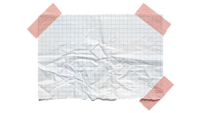 Crumbled graph paper secured with pink tape, isolated on transparent background