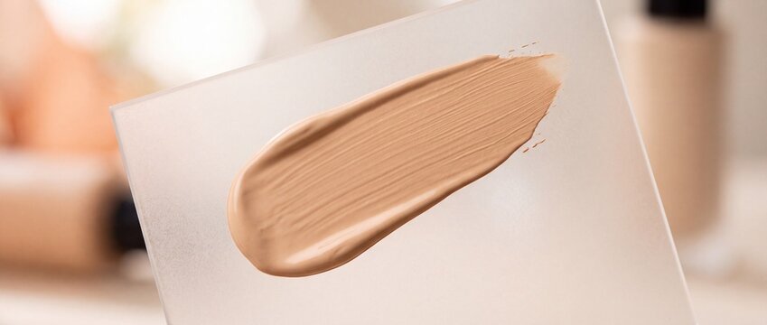 Beige foundation makeup swatch on frosted glass plate, cosmetic product testing and shade matching