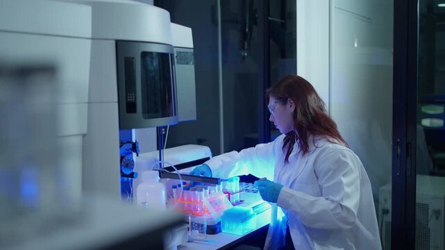 Female scientist working with test tubes in a futuristic research laboratory