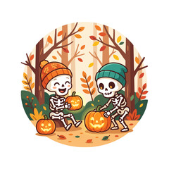 Fototapeta premium Cute Skeletons Carving Pumpkins in Autumn Forest for Halloween Celebration, Cartoon Style, Isolated