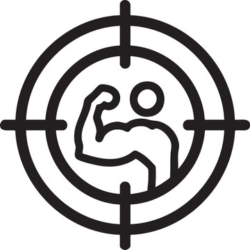 Target icon with person flexing bicep muscle for strength and fitness goal