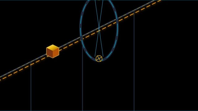 Abstract diagram showing a yellow cube on a dashed line with a blue elliptical field.