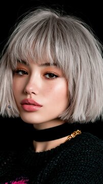 Portrait of a beautiful woman with silver bob haircut and bangs