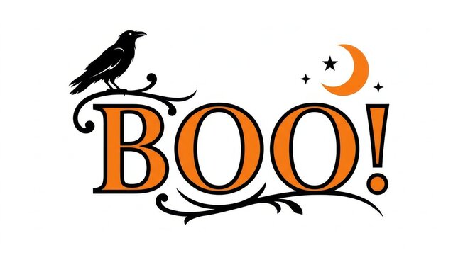Halloween boo text design with crow and crescent moon boo graphic black crow