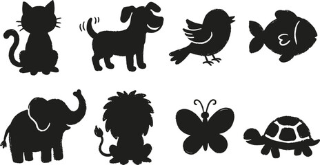 Naklejka premium Cute Animal Silhouette Collection Featuring Cat Dog Bird Fish Elephant Lion Butterfly and Turtle