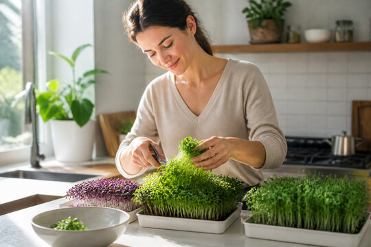 Woman Harvesting Fresh Microgreens from Shallow Growing Trays on a Bright Apartment Kitchen Counter for Healthy Urban Living