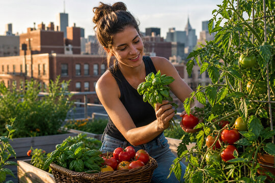 Young Urban Gardener Harvesting Ripe Tomatoes and Fresh Basil from Productive Raised Planters on a Residential City Rooftop
