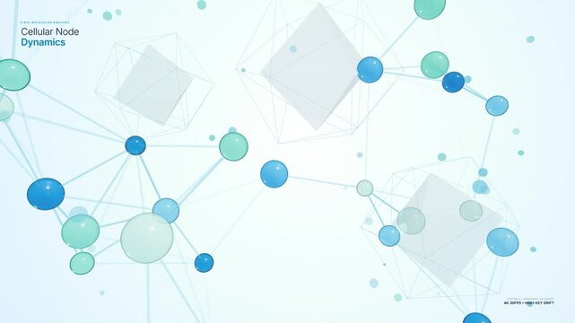 Abstract 3D scientific animation of floating blue molecular node structures and geometric network connections over a high-key clean bright white background, conveying research and tech innovation.