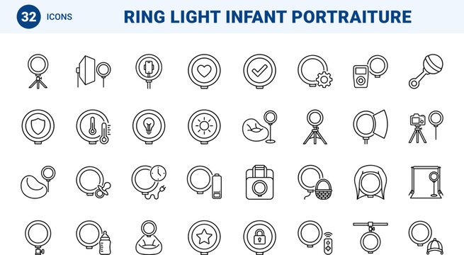 Ring Light Newborn Studio Lighting Web Icon Set in Linear Style. Collection of Infant Photography line icons, including illumination, studio equipment, photo session, baby safety, posing props.