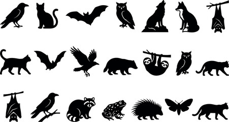Naklejka premium Animal silhouette collection showcasing nocturnal creatures like bats owls and cats for nature themed graphic design