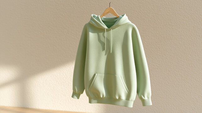 Minimalist Pastel Green Cotton Hoodie Mockup Displayed on a Wooden Hanger for Apparel Branding