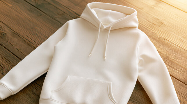 High Quality Blank White Cotton Hoodie Mockup Displayed on a Rustic Dark Wooden Table Surface