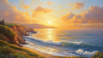 Obraz premium Serene coastline during sunset with colorful sky and gentle ocean waves