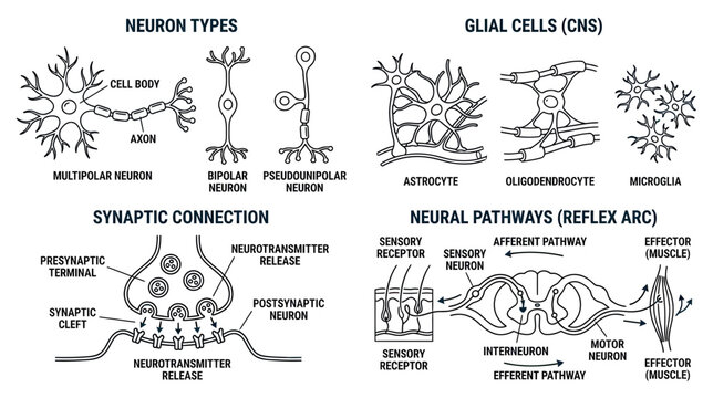 Neuron types and neural pathways illustration
